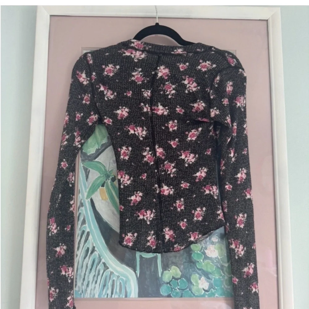 Free People Black Ribbed Henley Long-Sleeve Top with Pink Floral Print - Picture 3 of 4